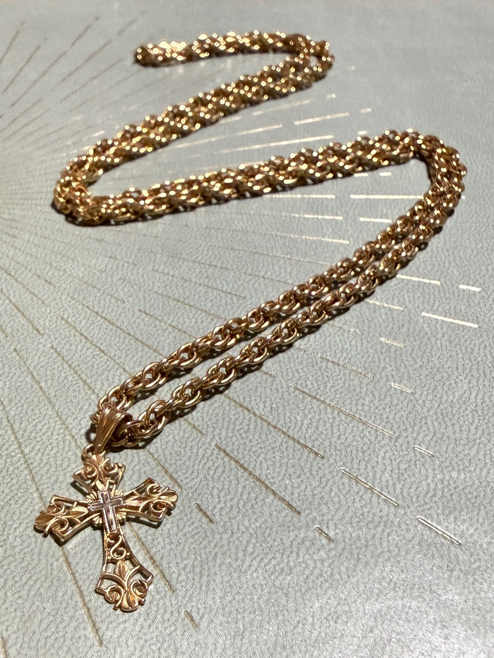 Vintage 14K Gold Michael Anthony Cross Pendant & 12K GF Rope Chain Necklace Set